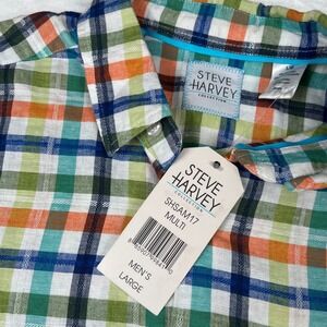 Steve Harvey Collection Mens Large Multi Color Plaid Linen Cotton Shirt Summer!